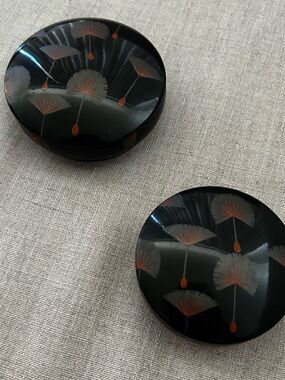 Vintage Japanese Black Fan Design Plastic Trinket Box Set of Two